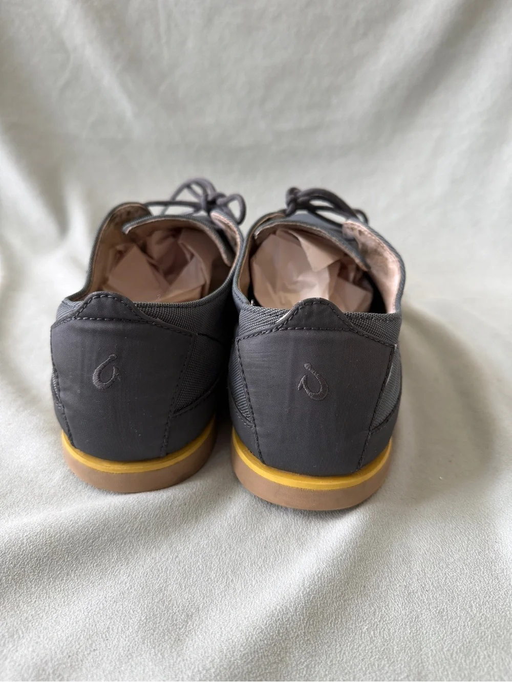 Olukai Men's Honolulu Lace Mesh Shoes Dark Shadow Gray Yellow Trim Size 12M